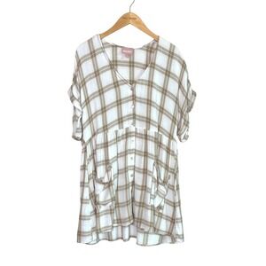 SHOW ME YOUR MUMU Large Plaid Rayon Babydoll Boho Patch Pockets Tunic Dress USA